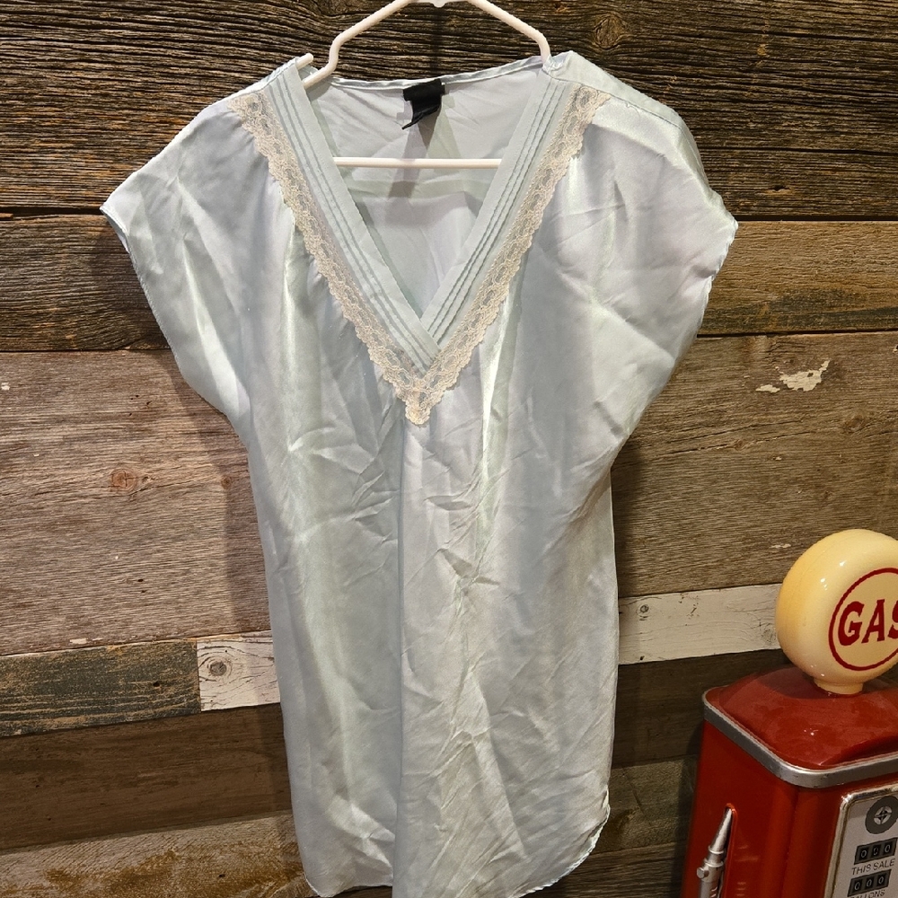 Light Blue V-Neck Night Gownwith Lace Trim